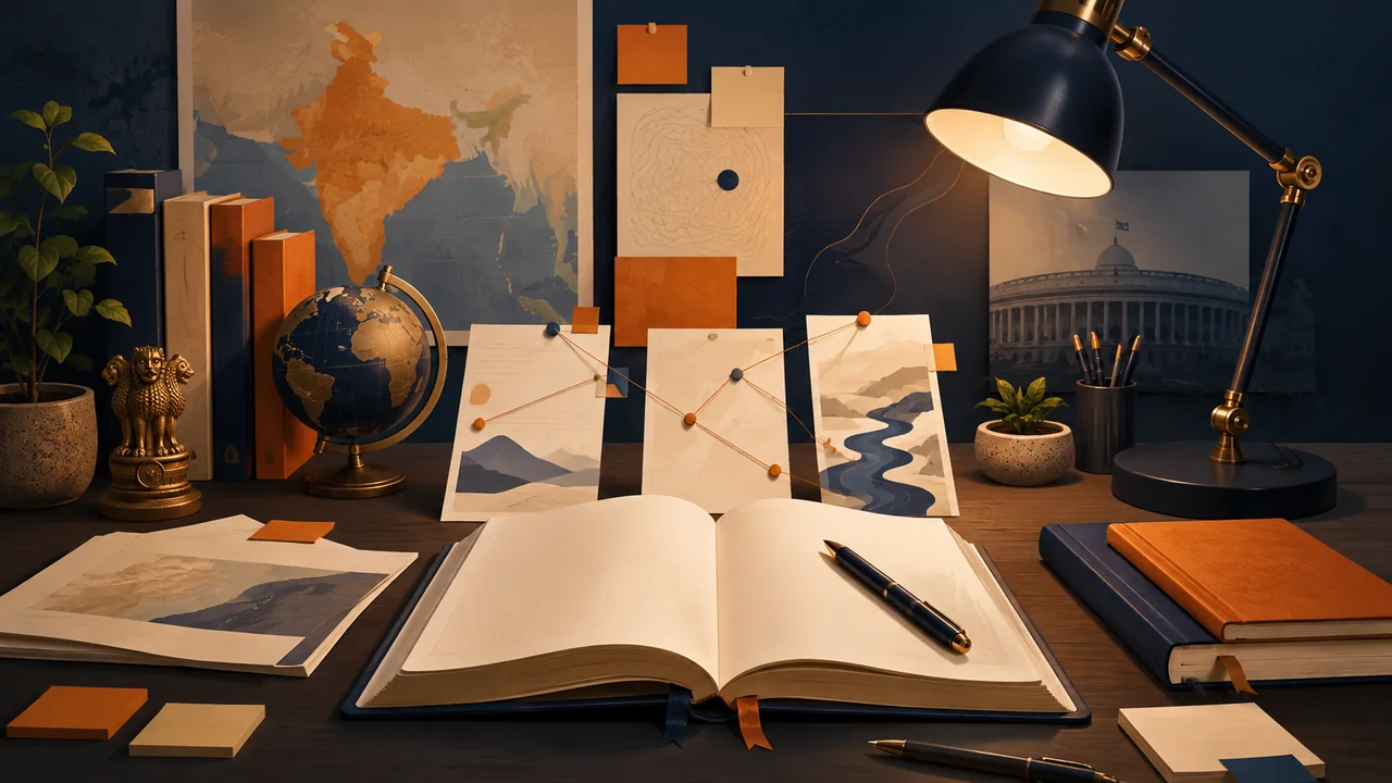 UPSC blog research desk with books, notebook and connected ideas